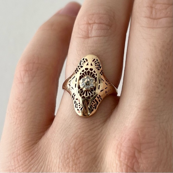 Jewelry - Antique Art Deco Diamond Filigree Shield Ring 10k Gold
